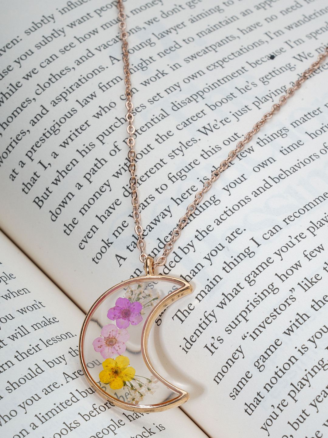 BISHTY  Gold-Plated Stainless Steel Floral Moon shaped Pendant with Chain