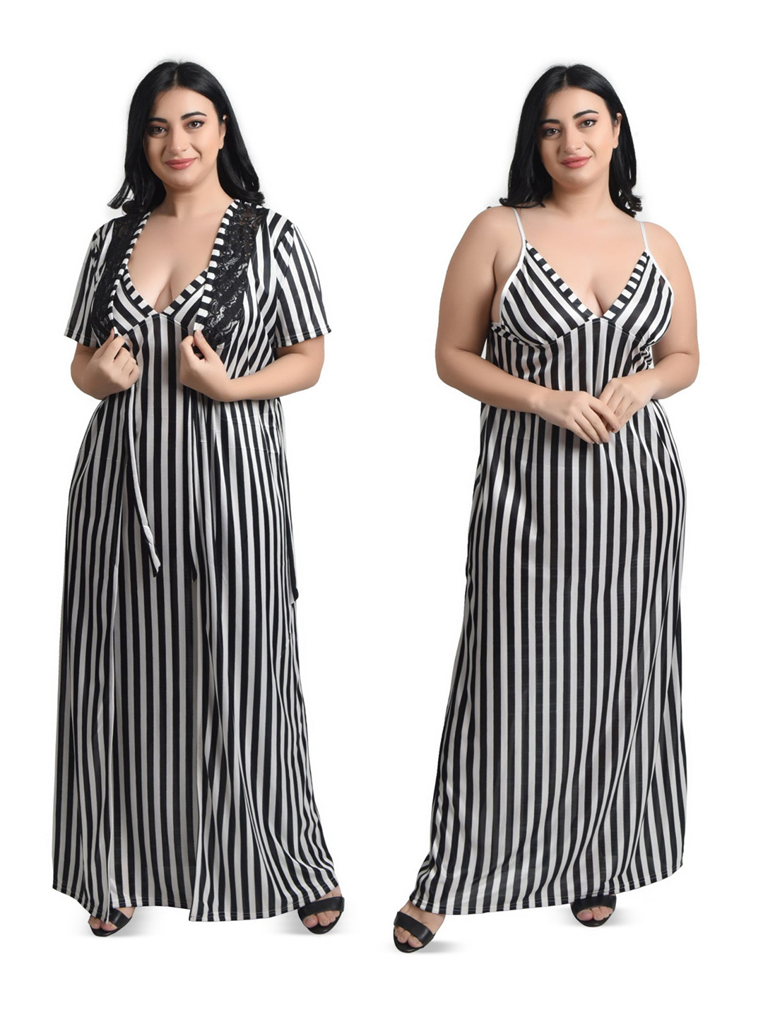 Embrave Women Satin Striped Shoulder Straps Maxi Wrap Nightdress With Robe