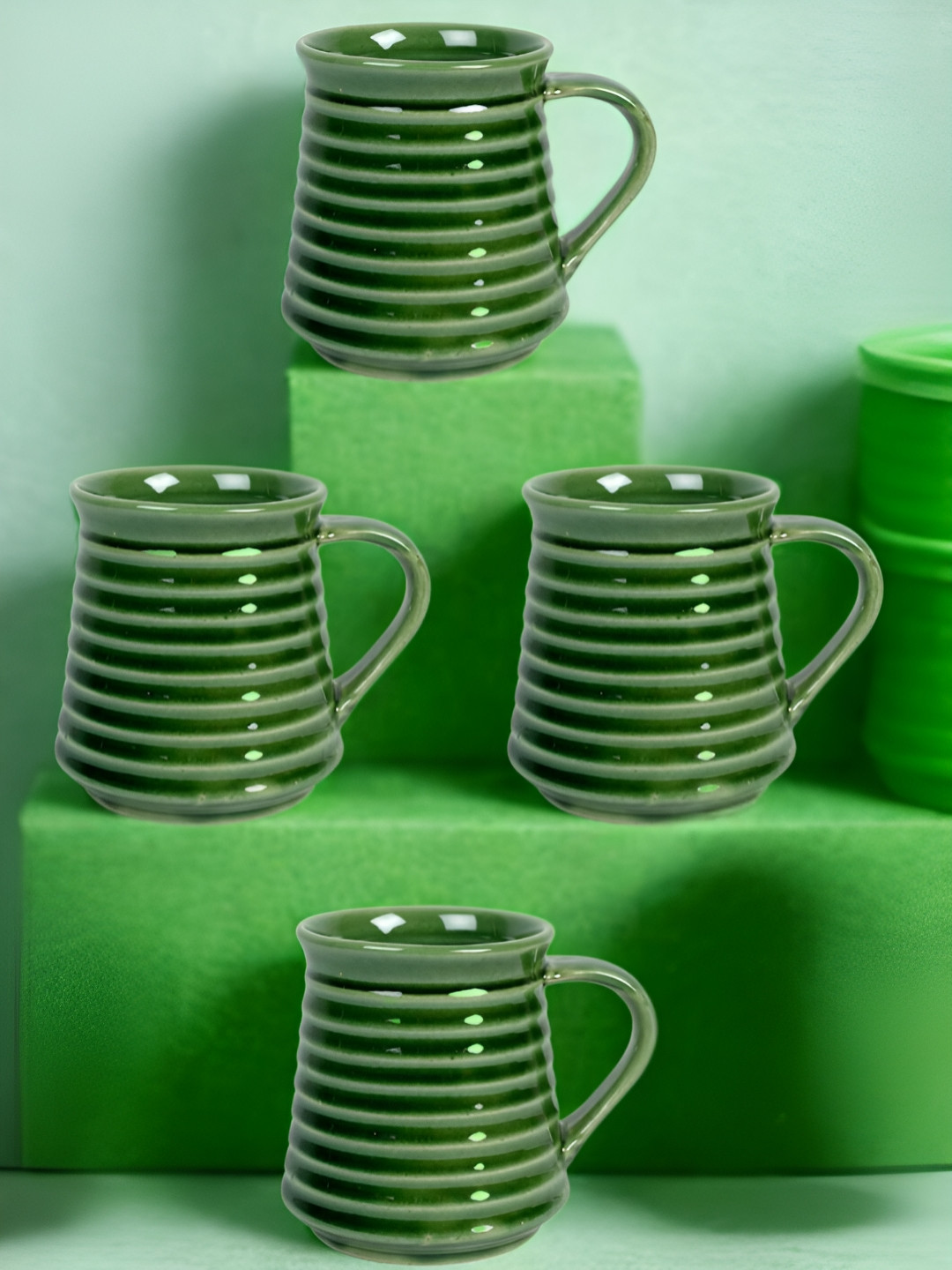 Unravel India Collapsible Green Ceramic Handmade 4 Piece Mugs-150ml