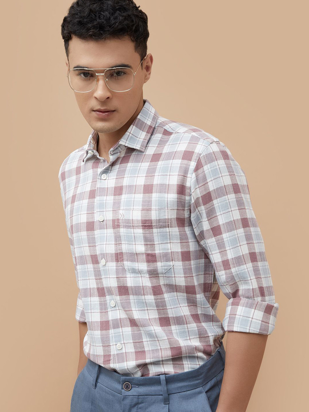 CODE by Lifestyle Checked Spread Collar Cotton Formal Shirt