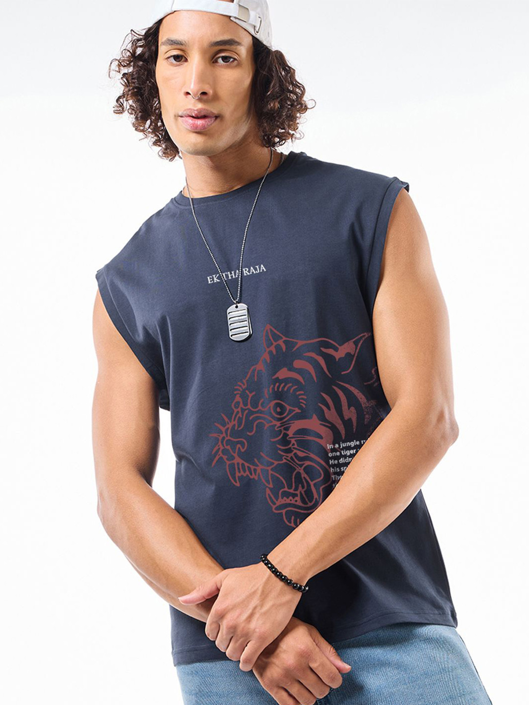 Bewakoof Men's Navy Blue Ektha Raja Graphic Printed Boxy Fit Vest