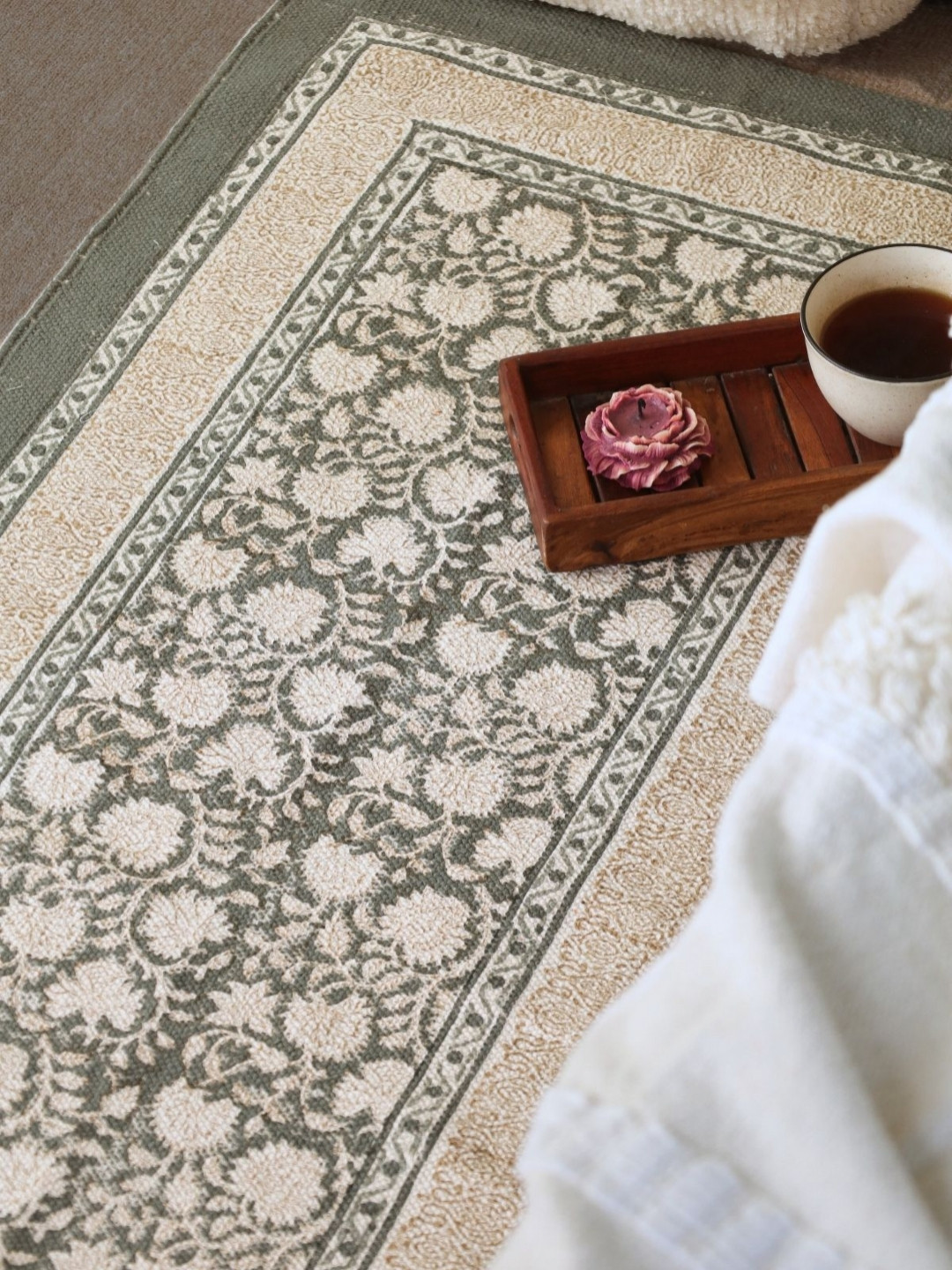 Peepul Tree Charcoal & Beige Floral Printed Pure Cotton Carpet