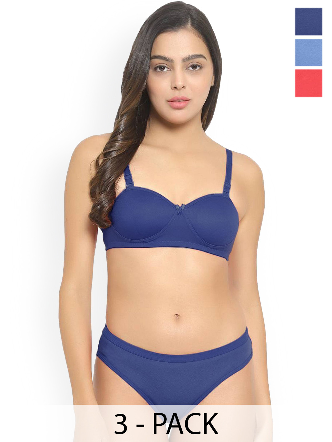 AROUSY Pack Of 3 Cotton Lightly Padded Lingerie Sets J_Demi-Set_R,B,L-B