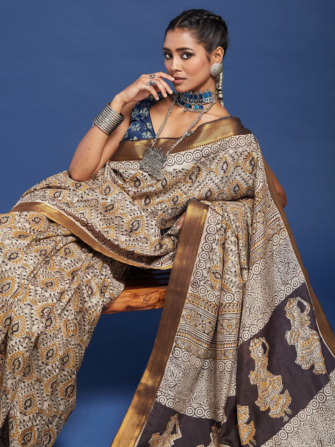 Taavi Hand Block Printed Silk Blend Kalamkari Saree with Attached Blouse