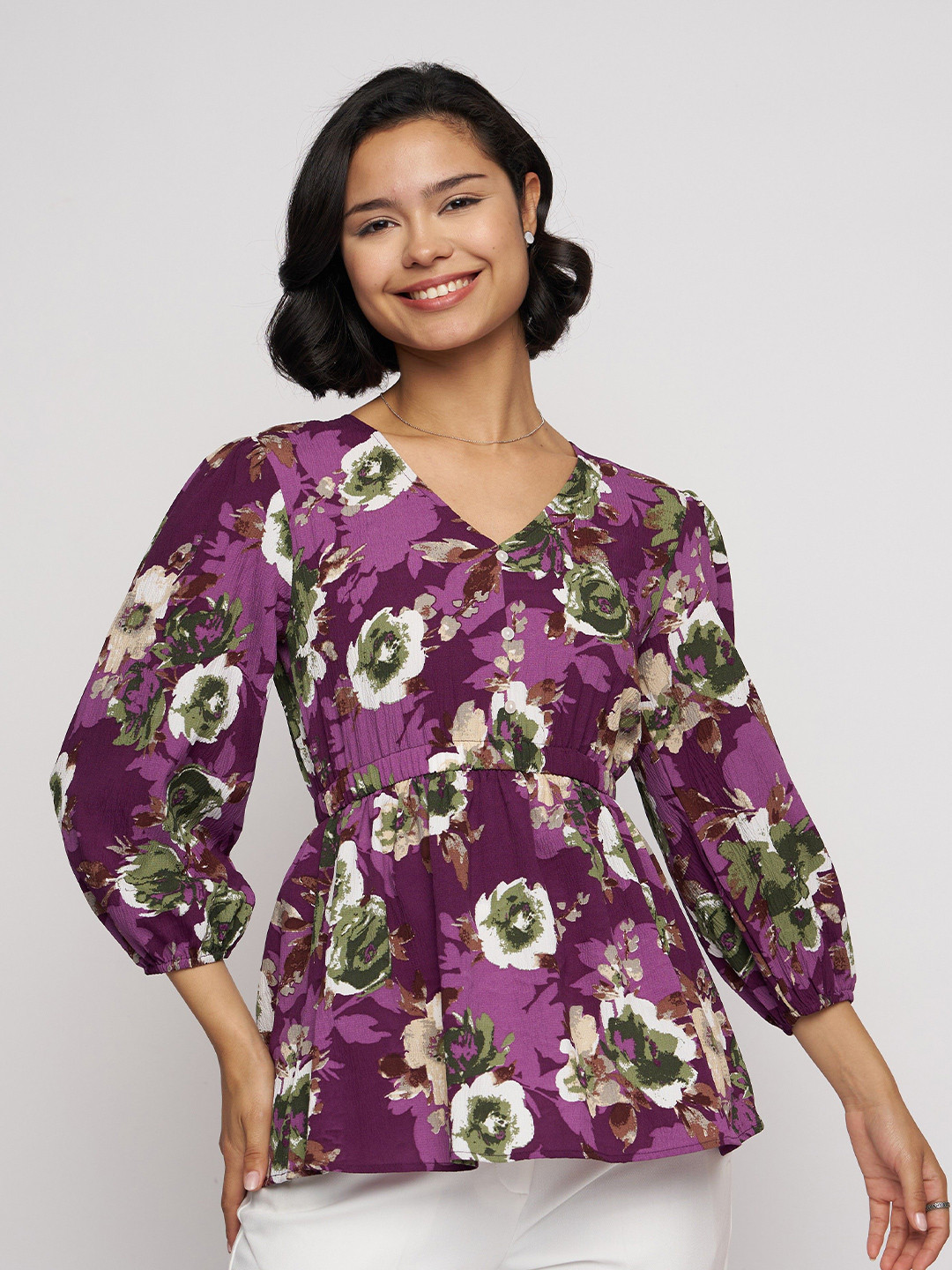 AASK Women's Polyester Printed Wine Color Regular Top