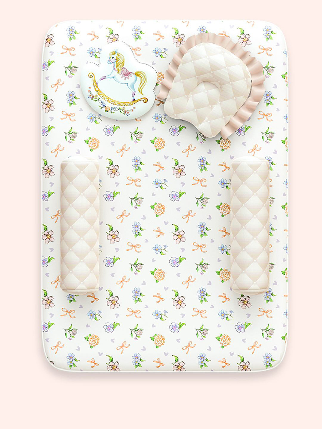 Fancy Fluff Infant 5Pcs Printed Organic Cotton Mattress Set With Neck Pillow & Bolster