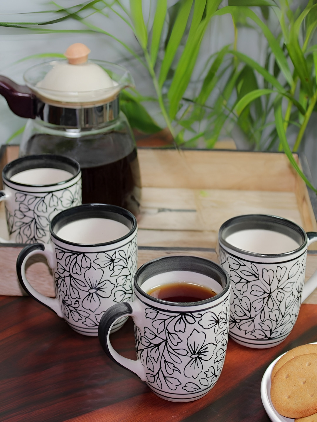 Unravel India Heartstrings Lover White Floral Ceramic Handmade 4 Piece Mugs-250ml