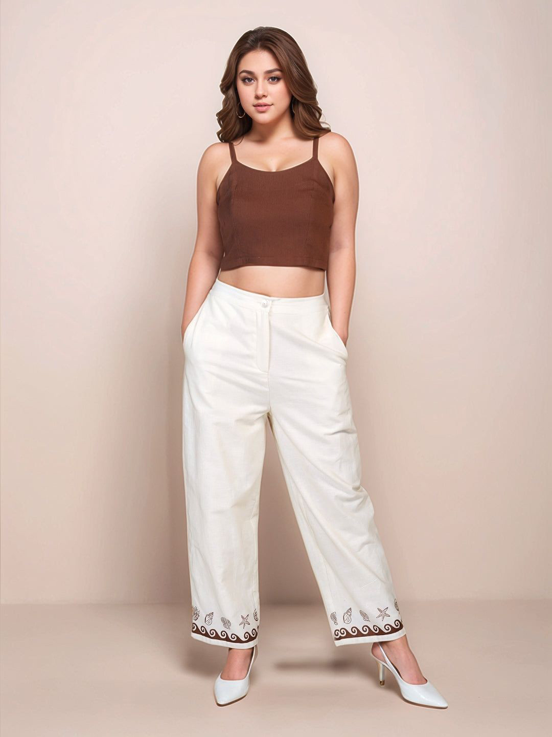 Zink London Women Light Brown Solid Sweetheart Neck Sleeveless Top