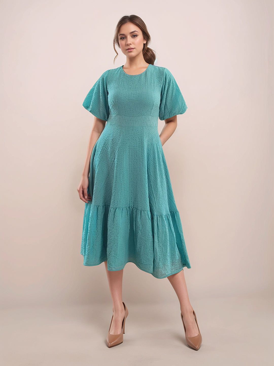 Zink London Women Blue Textured Round Neck Short Sleeves Fit-Flare Midi Dress