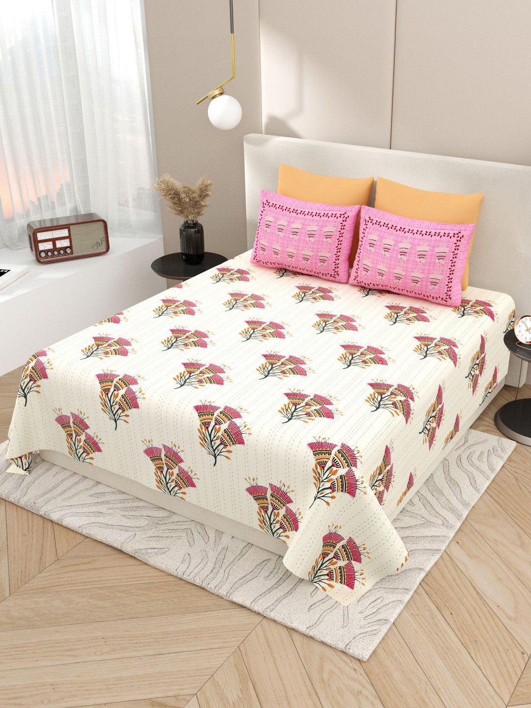 Aura Kashida Beige Floral Pure Cotton Breathable 180 TC King Fine Bedsheet with 2 Pillow Covers-106 x 106 inches