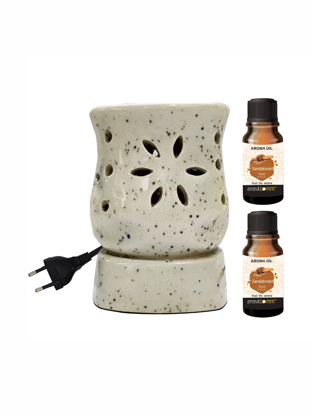 PEEPALCOMM 3Pcs White Electric Damru Shaed Diffuser With Sandalwood Oils - 10 ml Each