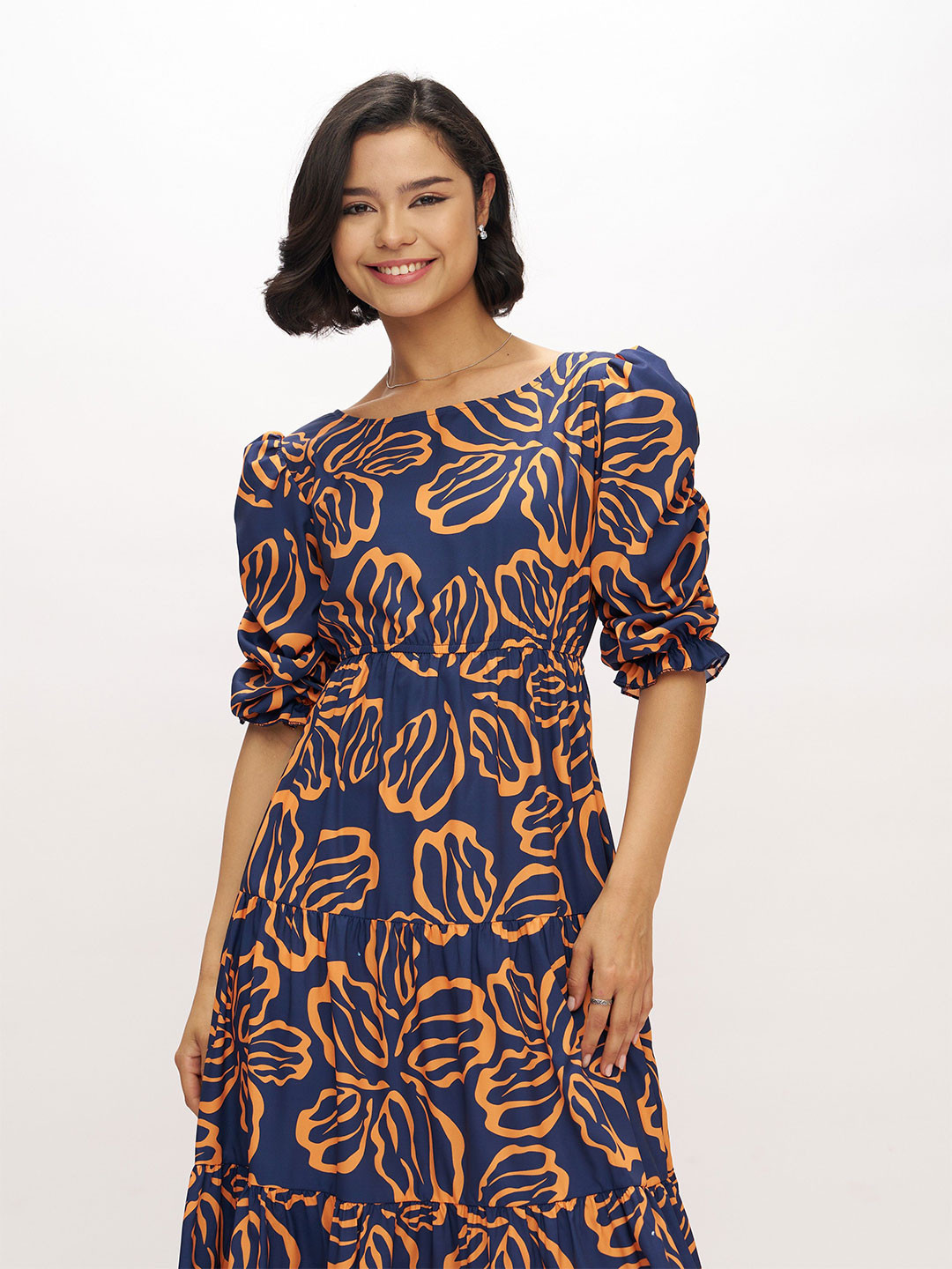 AASK Women Yellow Printed Delta Crush Calf Length Fit and Flare Dress