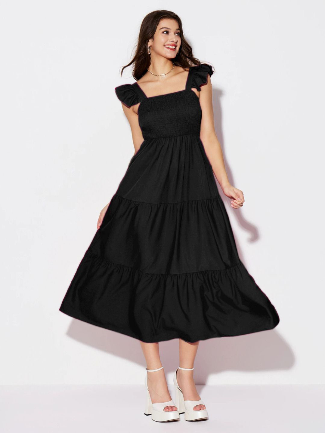 QIOA Women Solid A-Line Midi Dress