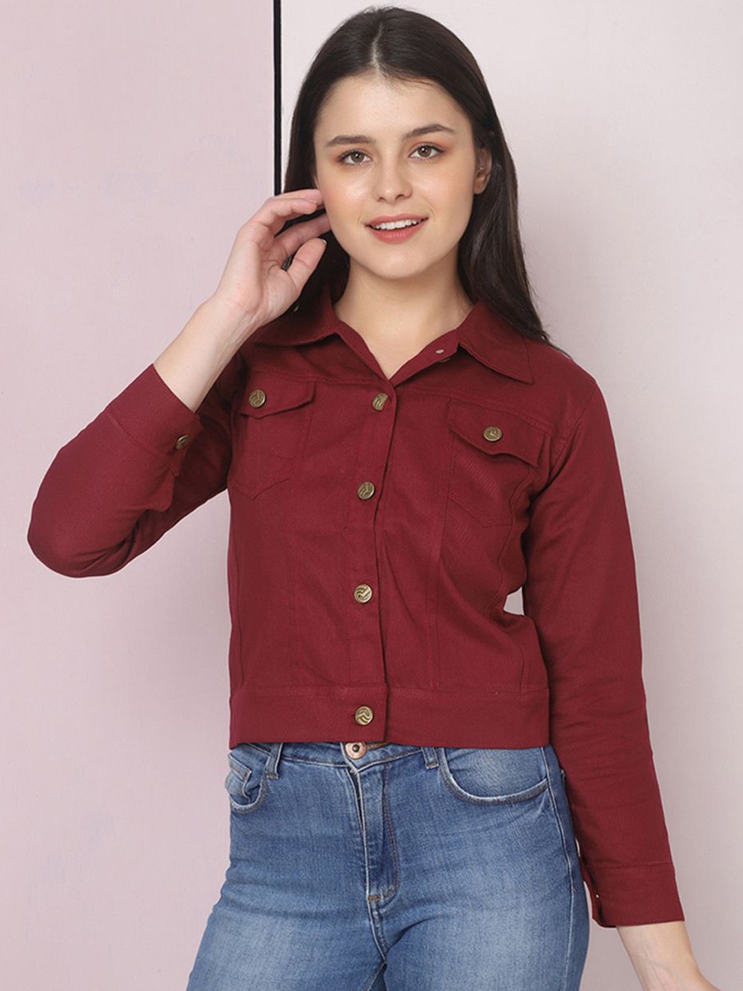 QIOA Spread Collar Lightweight Utility Pockets Denim Jacket