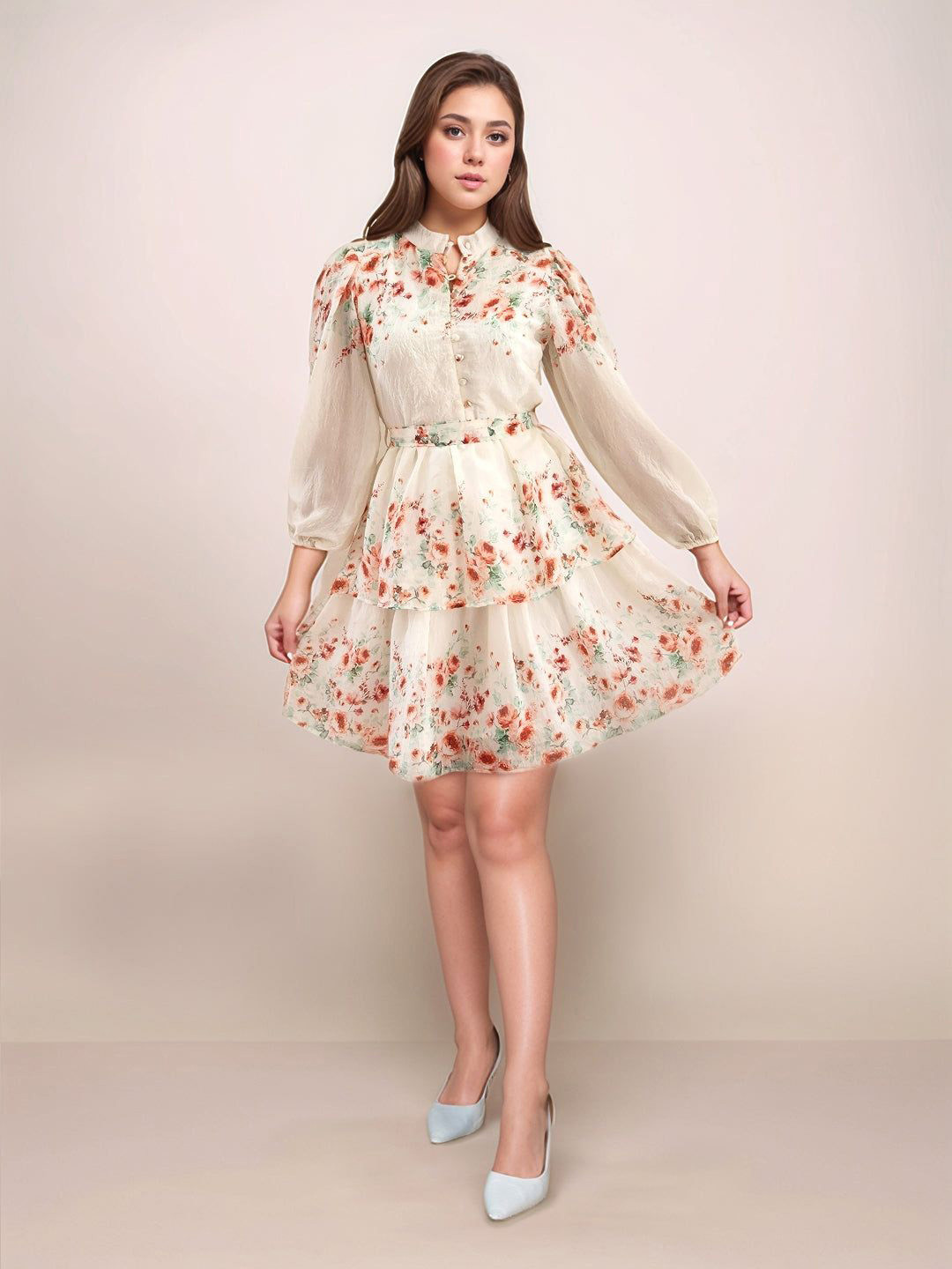Zink London Pink Floral Collar Neck Long Sleeves Short Dress