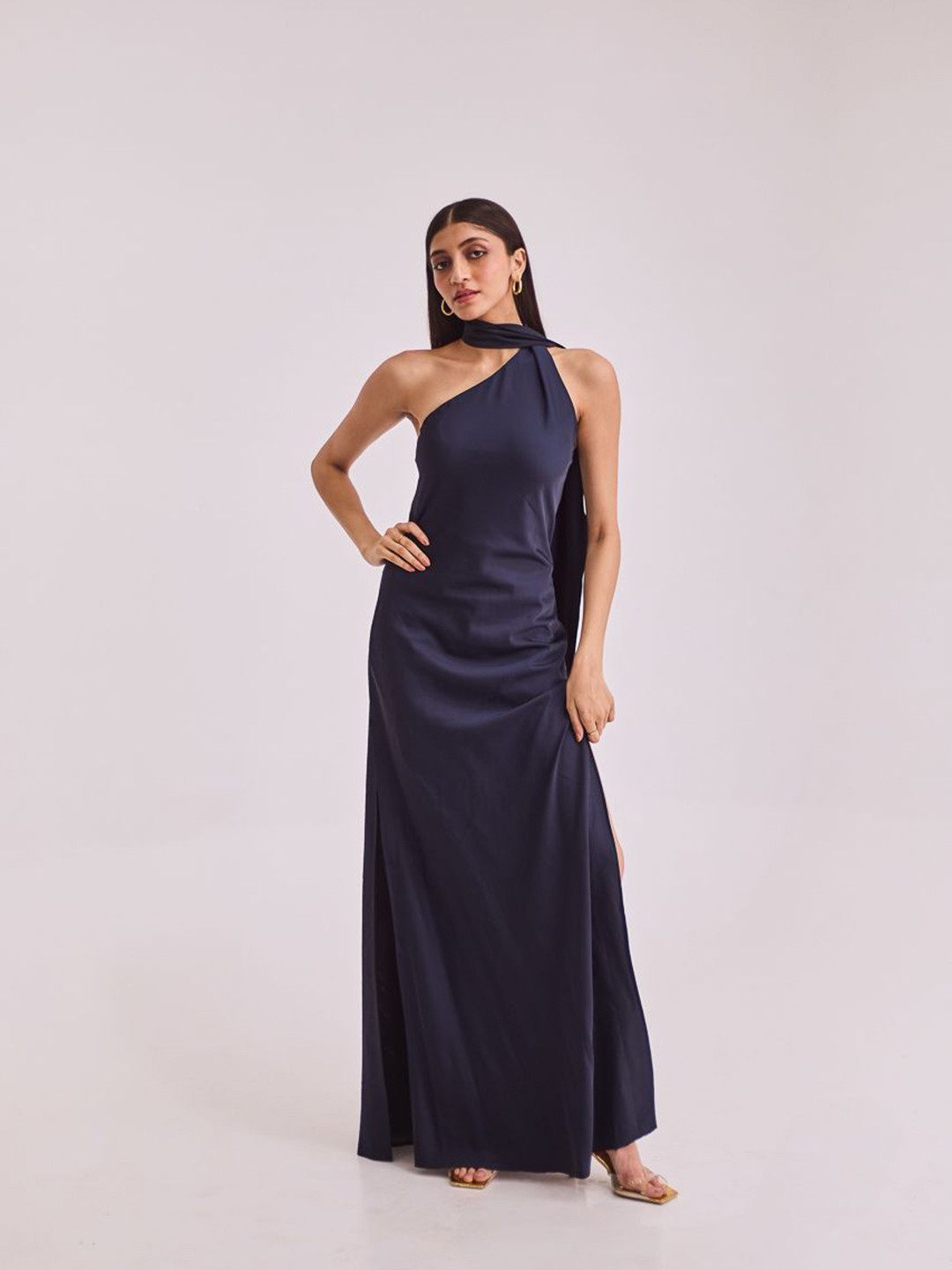 Urban Suburban Solid Satin Maxi Dress with Scarf Style