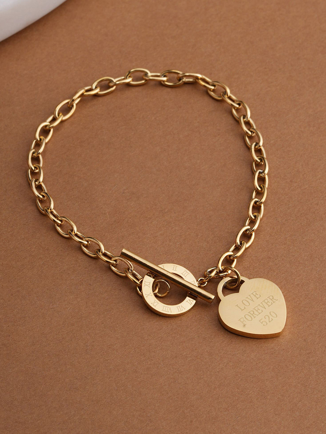 PALMONAS Women Gold-Plated Stainless Steel Waterproof Linked Promise Link Bracelet