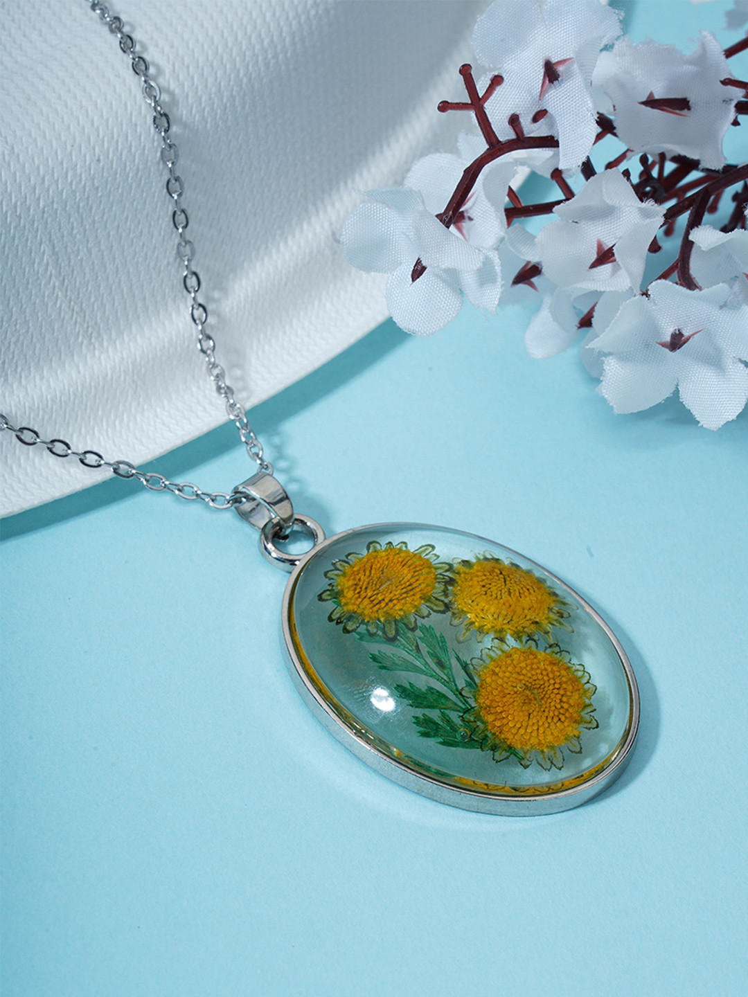 BISHTY  Silver-Plated Stainless Steel Dried Real Sunflowers Resin Pendant & Chain