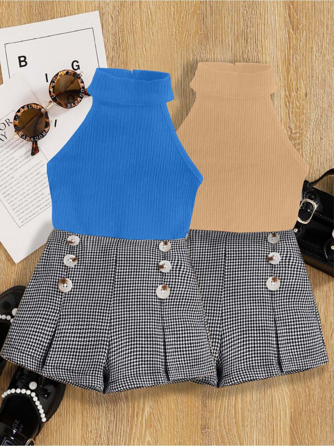 DEL LUNA Girls Pack of 2 Checked Printed Mini Clothing Set