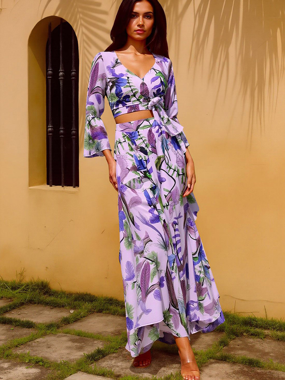 bebe Purple Printed V-Neck Crop Top With Maxi Skirt Co-ords Set