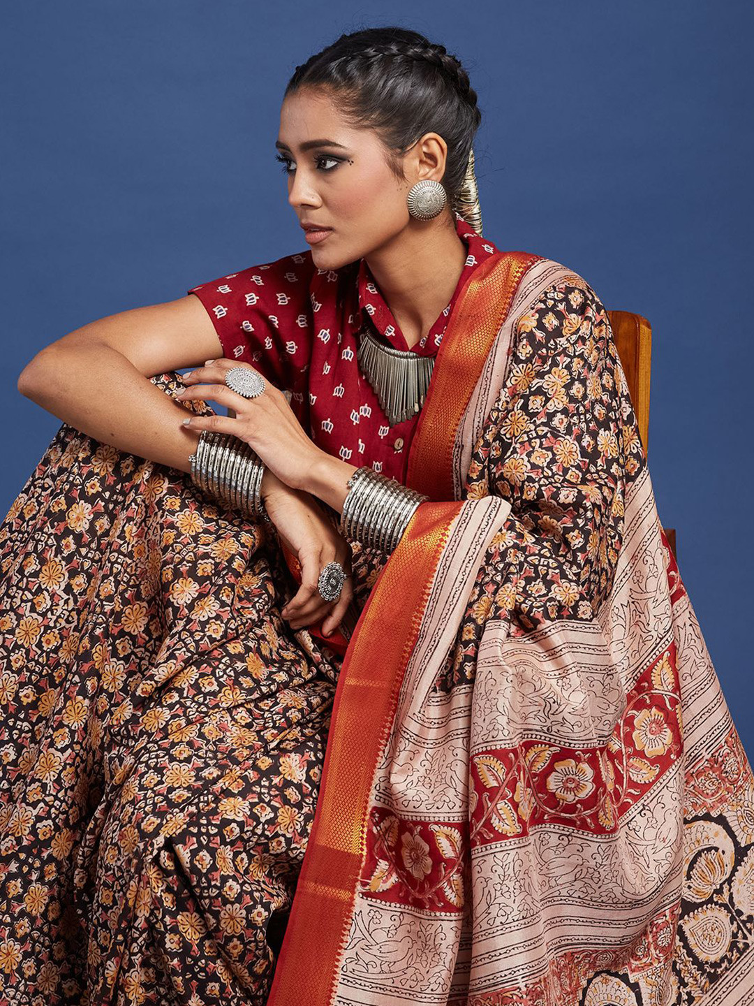 Taavi Block Printed Kalamkari Saree  With attached Blouse