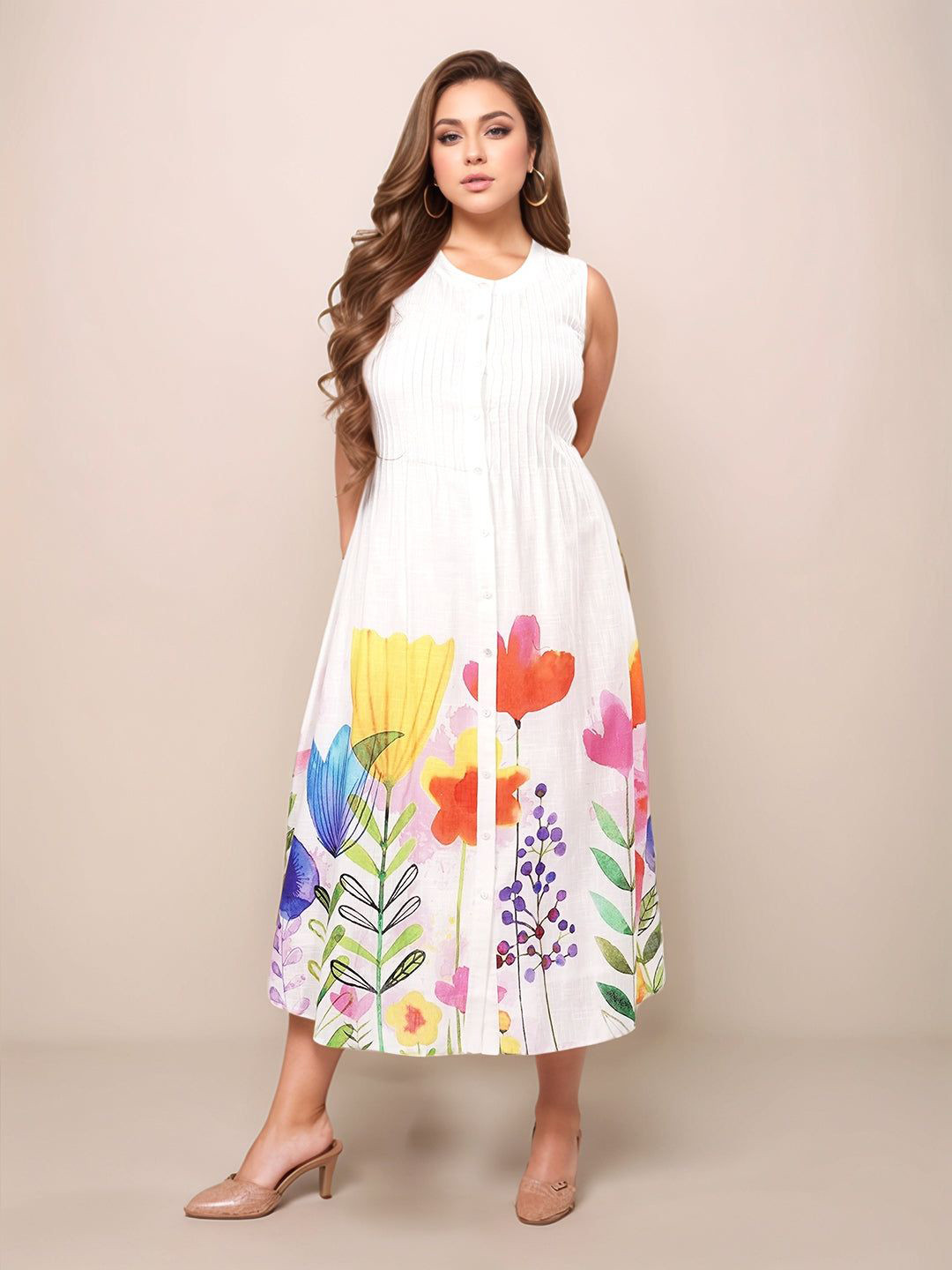 Zink London Women White Floral Collar Neck Sleeveless Midi Dress