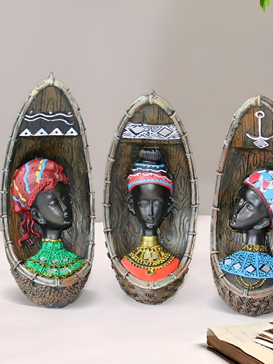 Afterstitch Tribal Lady Multicoloured Polyresin Matte Living Room Set of 3 Small Showpieces - 8.3 Inches