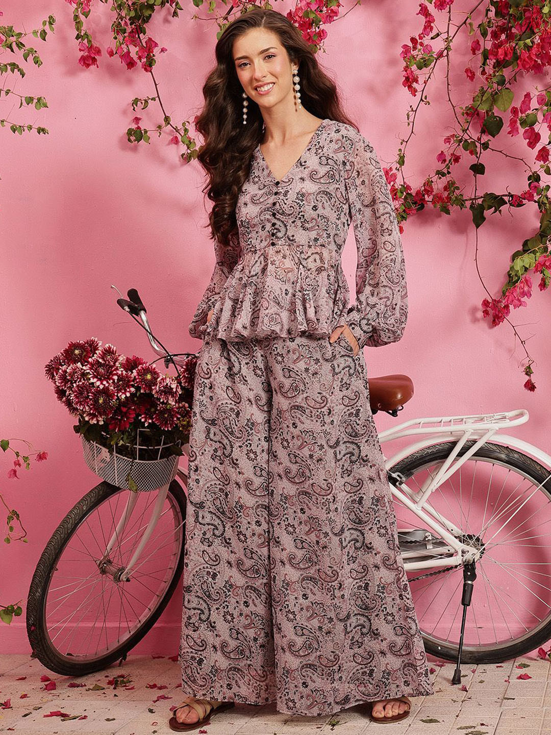 QUIERO Meher Printed V-Neck Top With Palazzos Co-Ords