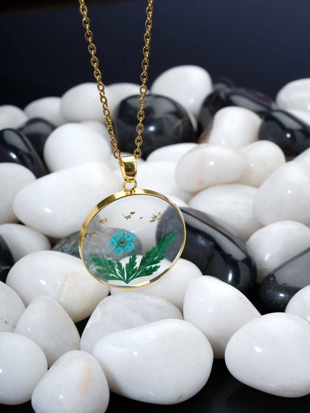 BISHTY  Gold-Plated Stainless Steel Dried Real Flower Resin Pendant with Chain