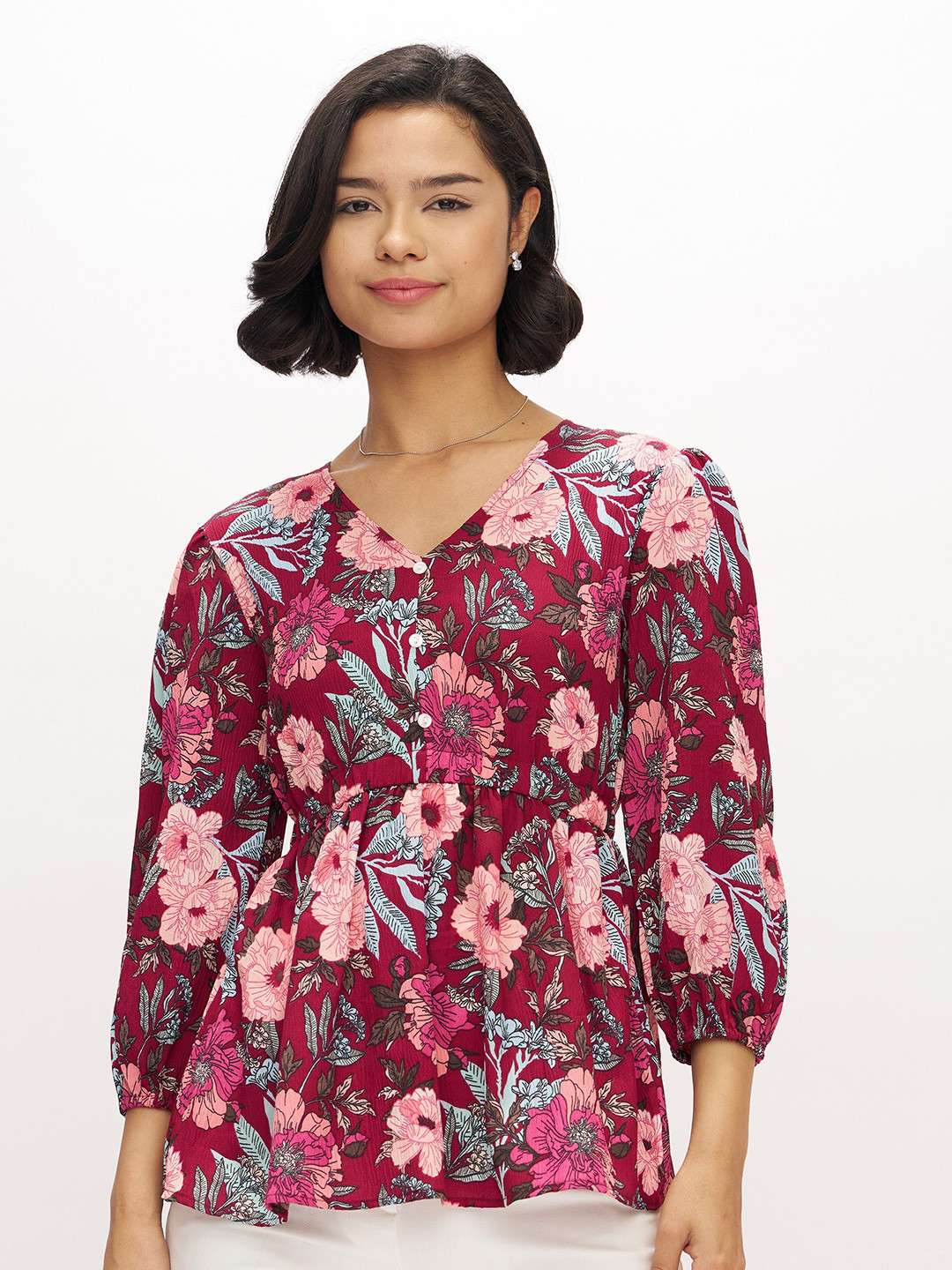 AASK Women's Polyester Printed Wine Color Regular Top