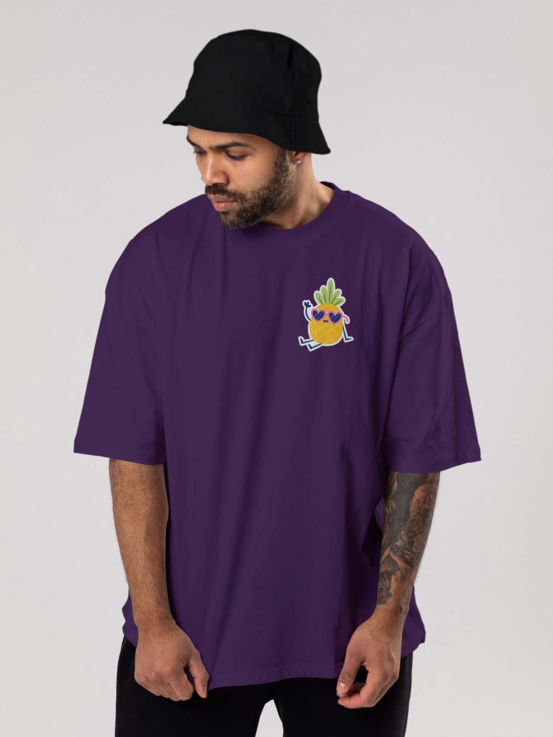 Oversized Pineapple Graphic Drop-Shoulder Cotton T-Shirt