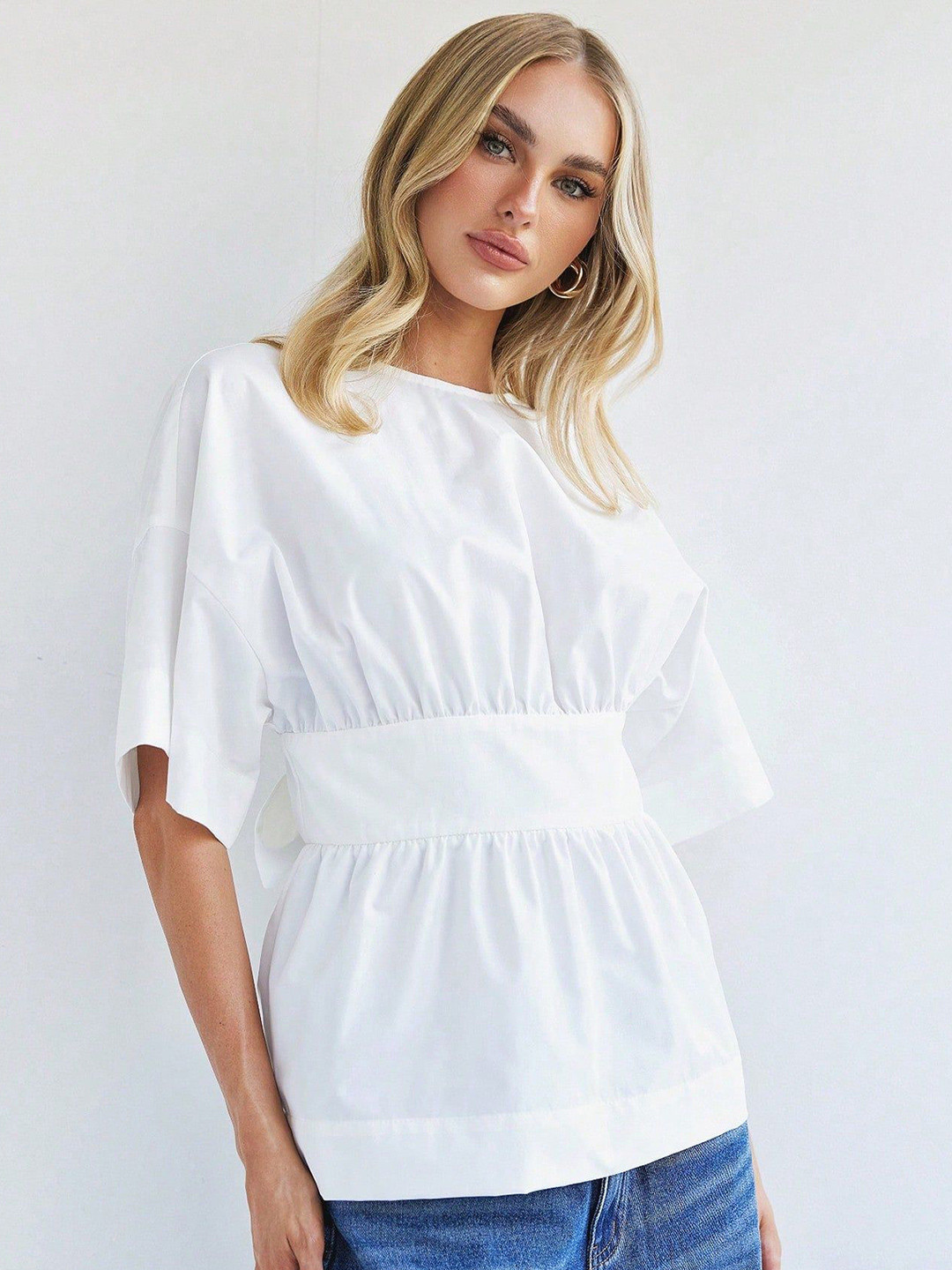 Outzidr Beige Back Plunge Neck With Bow Detailing Top