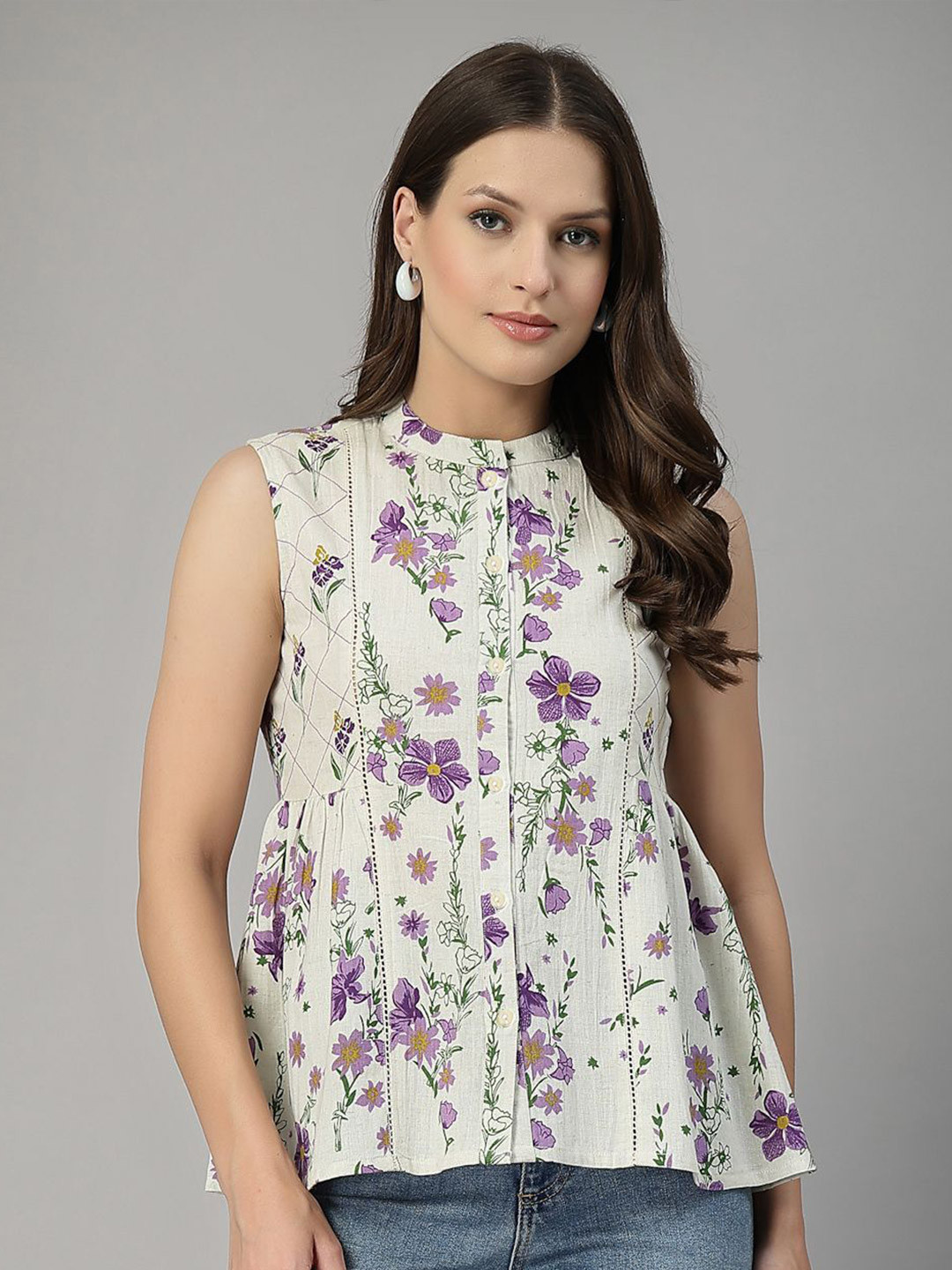 QOMN Women Floral Print Mandarin Collar Cotton Top