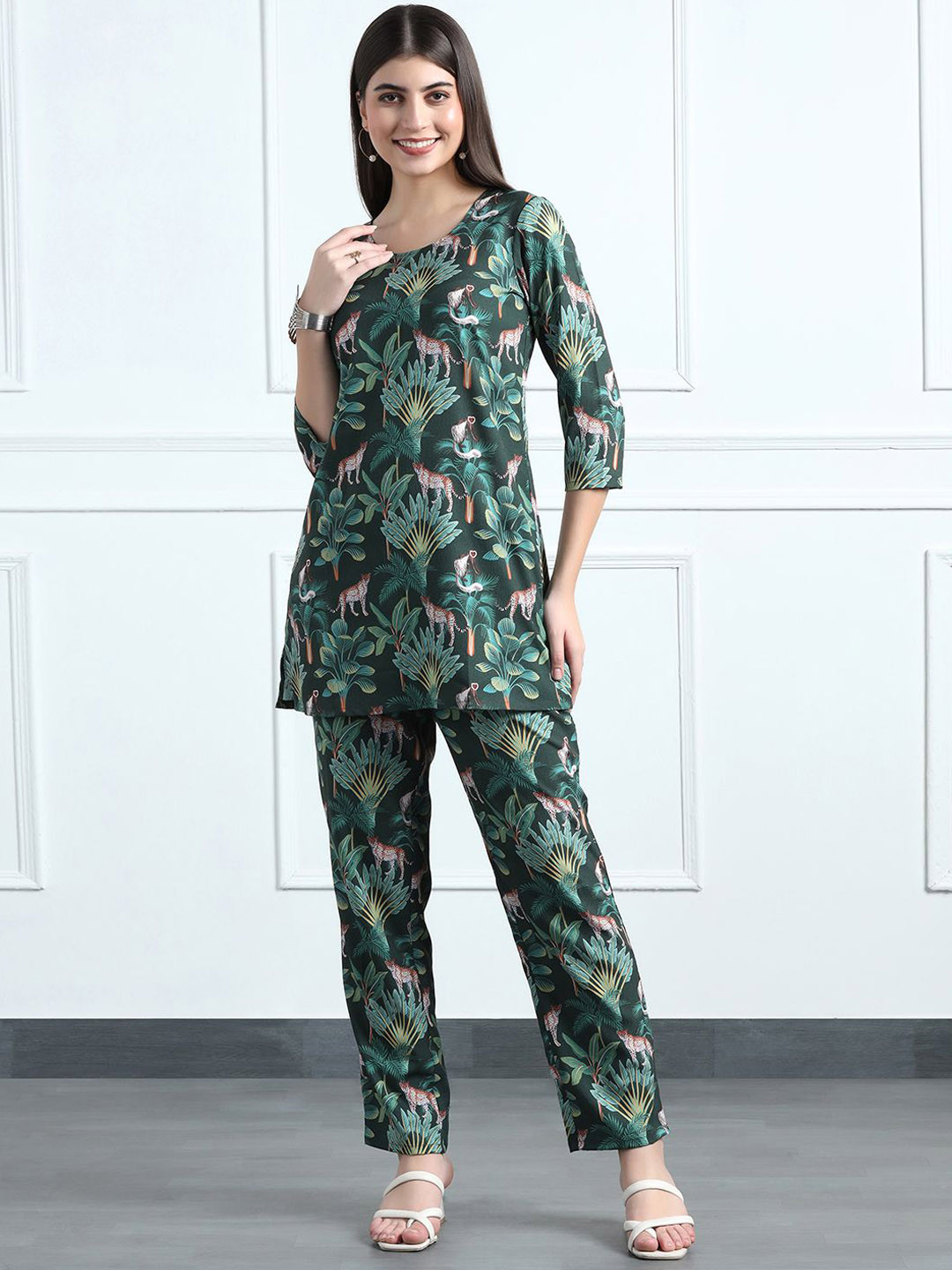 Moda Rapido Animal Print Round Neck Top With Trousers Co-Ords