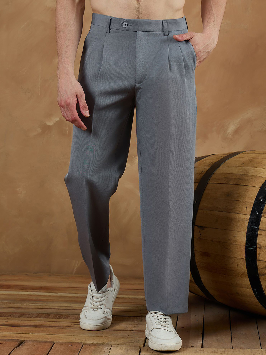 DENNISON Men Solid Relaxed Baggy Mid-Rise Pleated Korean Pants Trousers