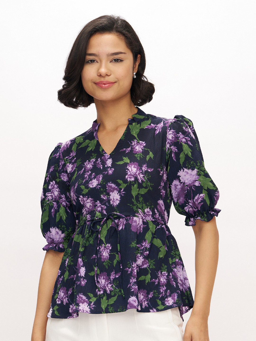 AASK Women's Polyester Printed Navy Blue Color Regular Crepe Collar Puff Sleeve Top