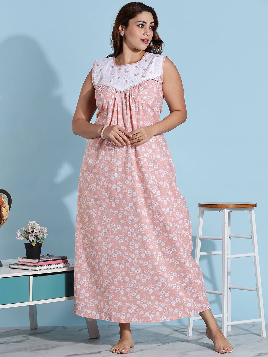9shines Label Women Peach Cotton Sleeveless Floral Print Lace Yoke Nightdress