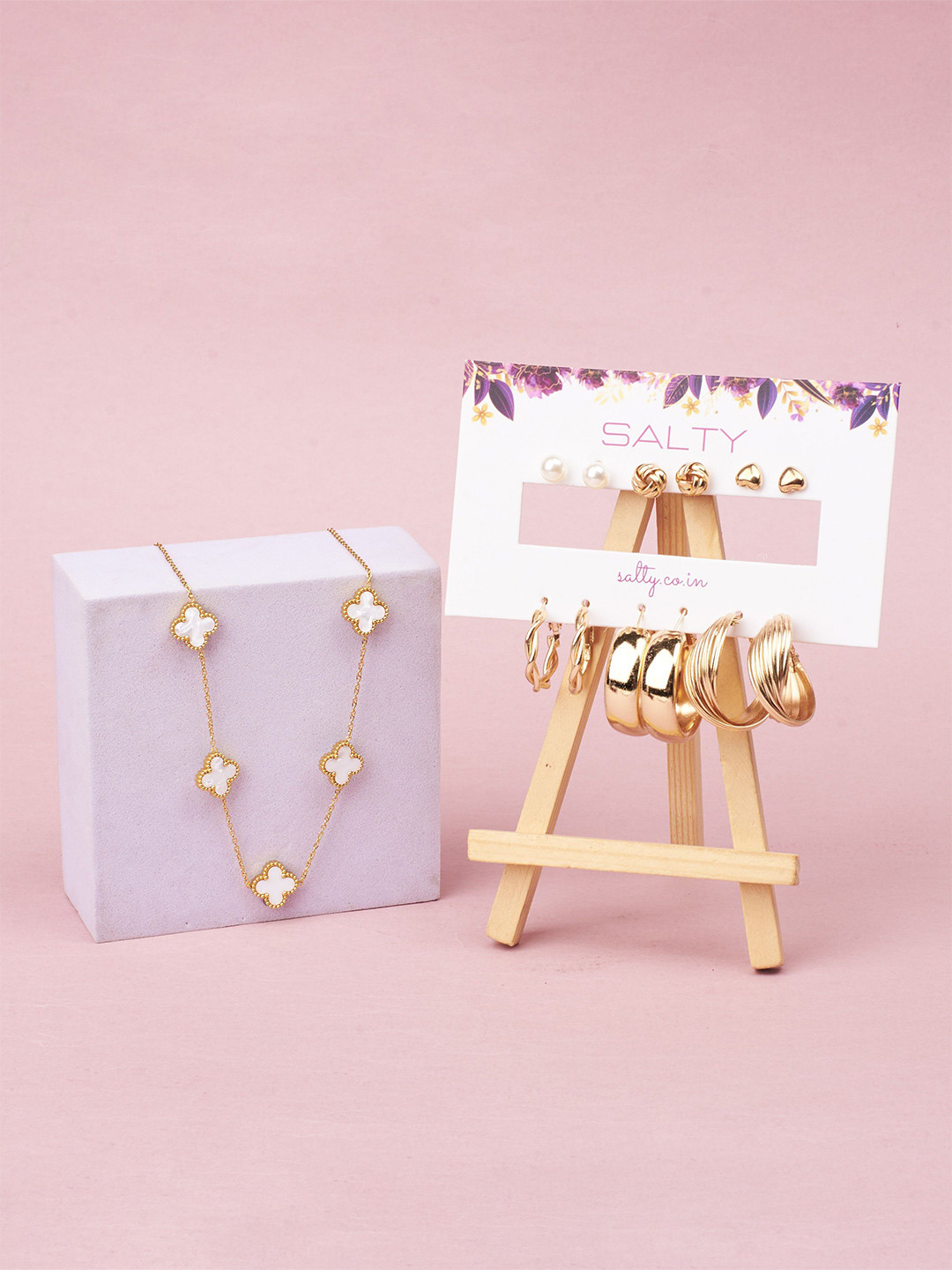 SALTY Set Of 6 Hoop Earrings With Dove Pendant Chain Jewellery Set