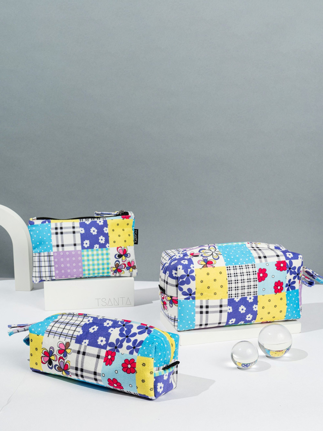 TSANTA Set Of 3 Blue & White Color Pop Velvet Pouches