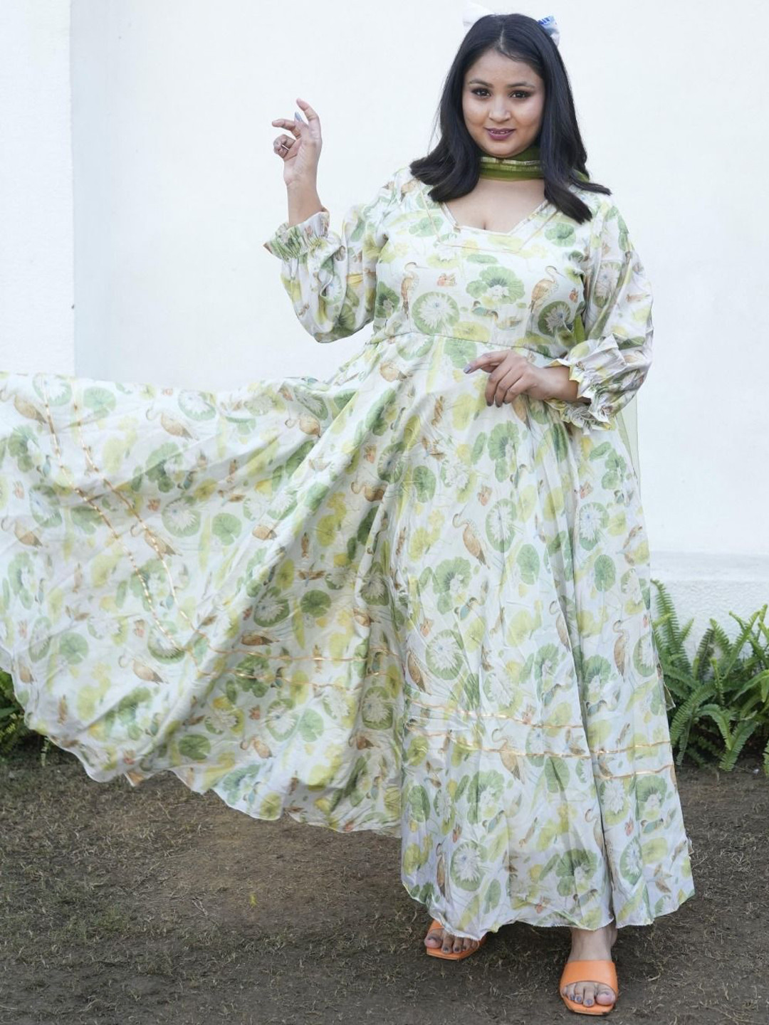 Swadeshi Shringaar Women  Floral Printed Plus Size Ethnic Dresses with Dupatta