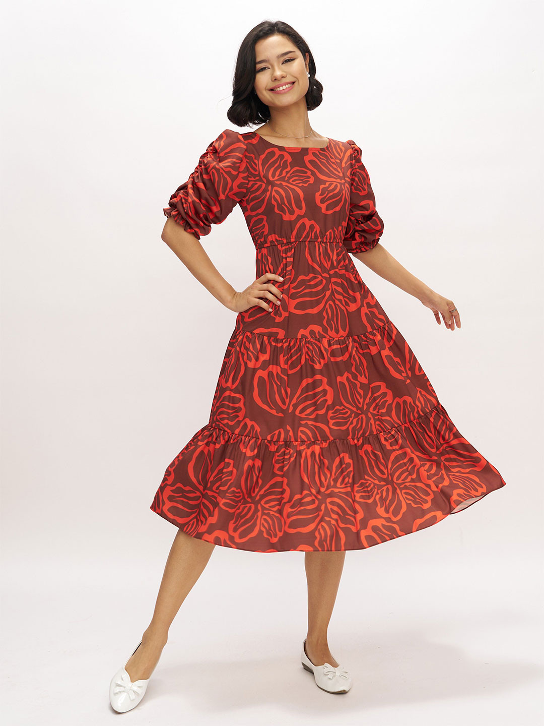 AASK Women's Orange Printed Delta Crush Calf Length Fit and Flare Dress