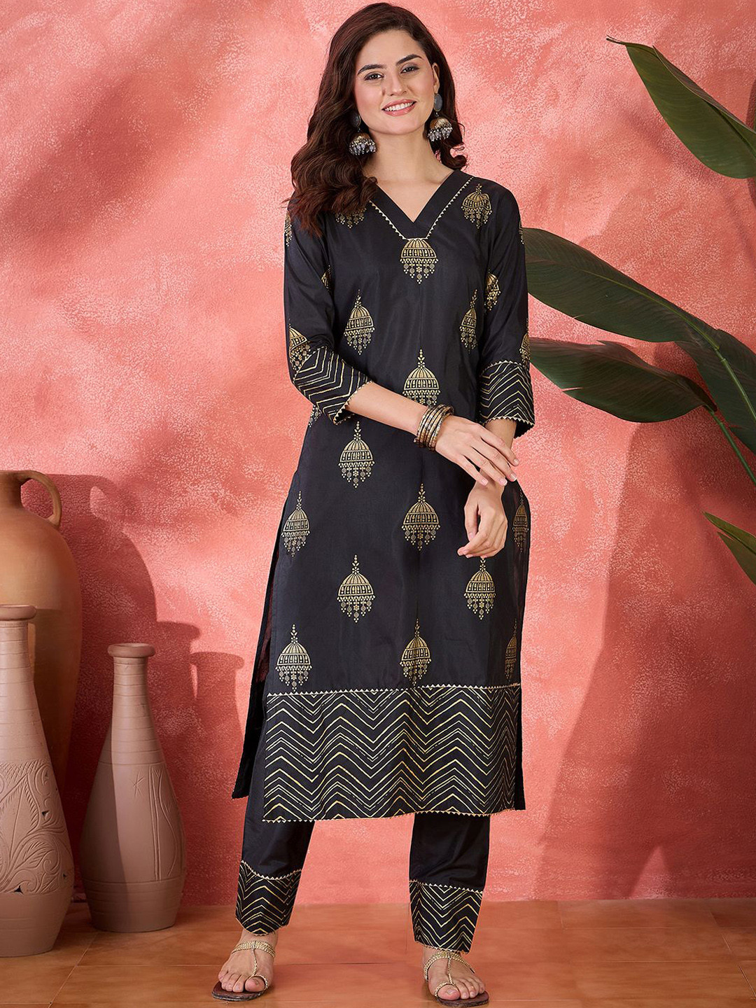 Sangria Ethnic Motifs Foli Printed V-Neck Chanderi Silk Straight Kurta With Trousers
