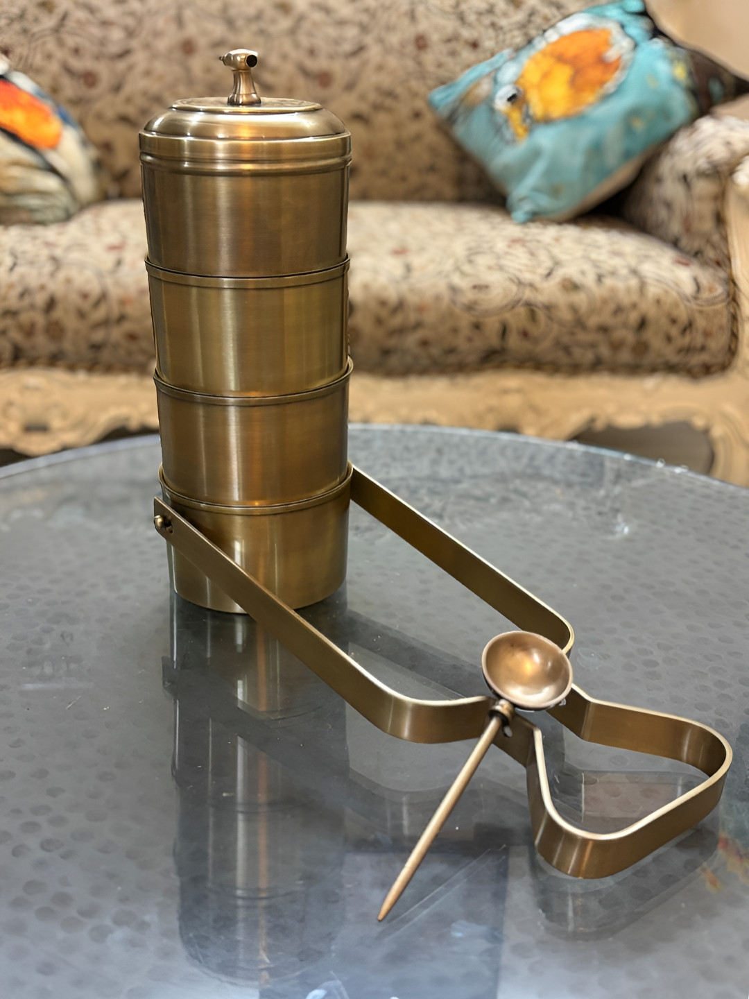 PURI Vintage Style 4-Tier Antique Finish Brass Easy to Clean Lunch Box With Spoon and Fork