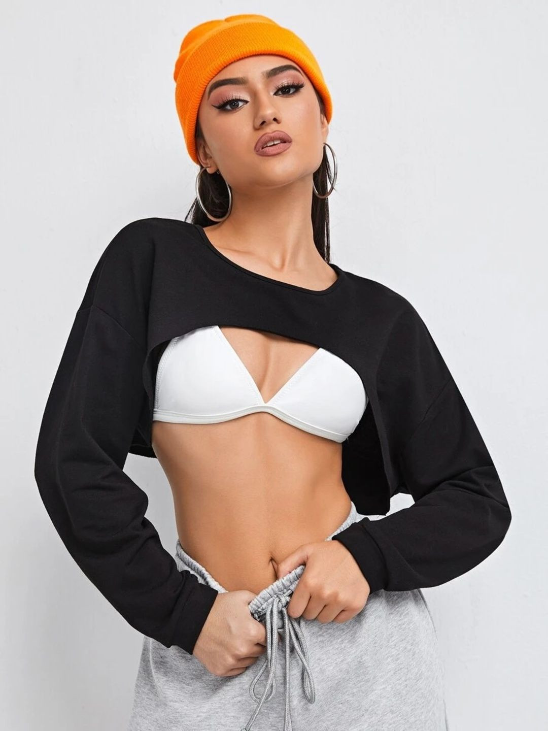 QIOA Women Round Neck Boxy Long Sleeves Super Crop Top