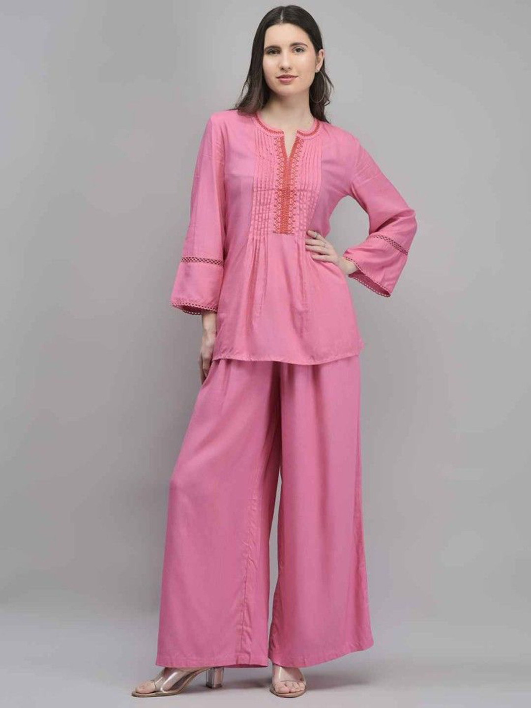 Aralia Embroidered V-Neck Top With Palazzos Co-Ords
