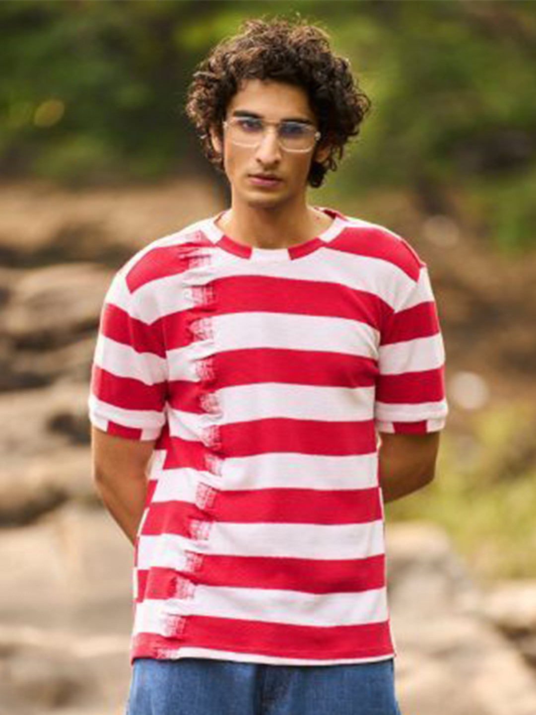 Dash and Dot Men Sinker Line Tee Relaxed Horizontal Stripes Striped Casual Shirt