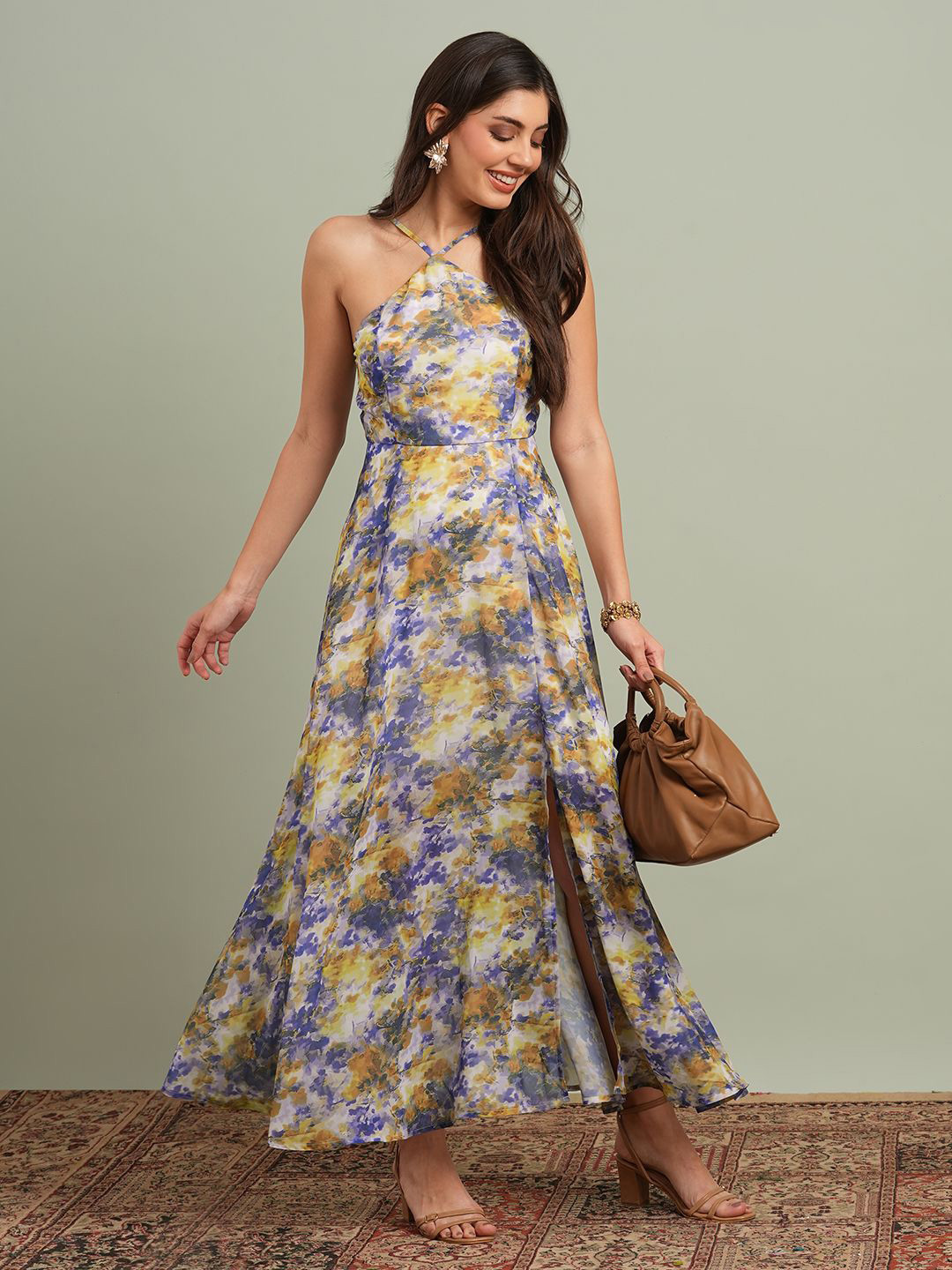 Globus Abstract Print Halter Neck Flared Hem A-Line Maxi Resort Dress