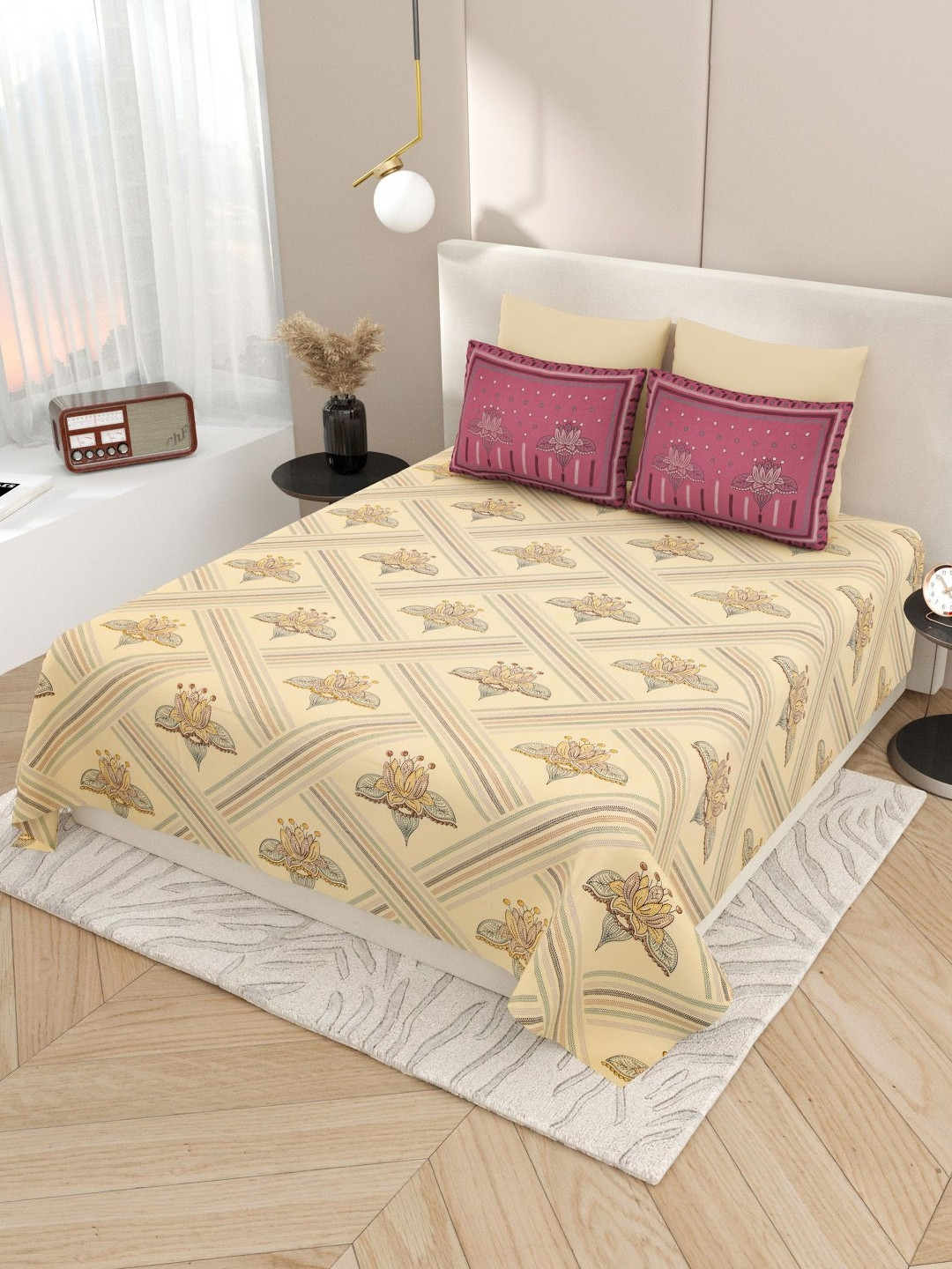 Aura Kashida Yellow Floral Pure Cotton Breathable 180 TC King Fine Bedsheet with 2 Pillow Covers-106 x 106 inches