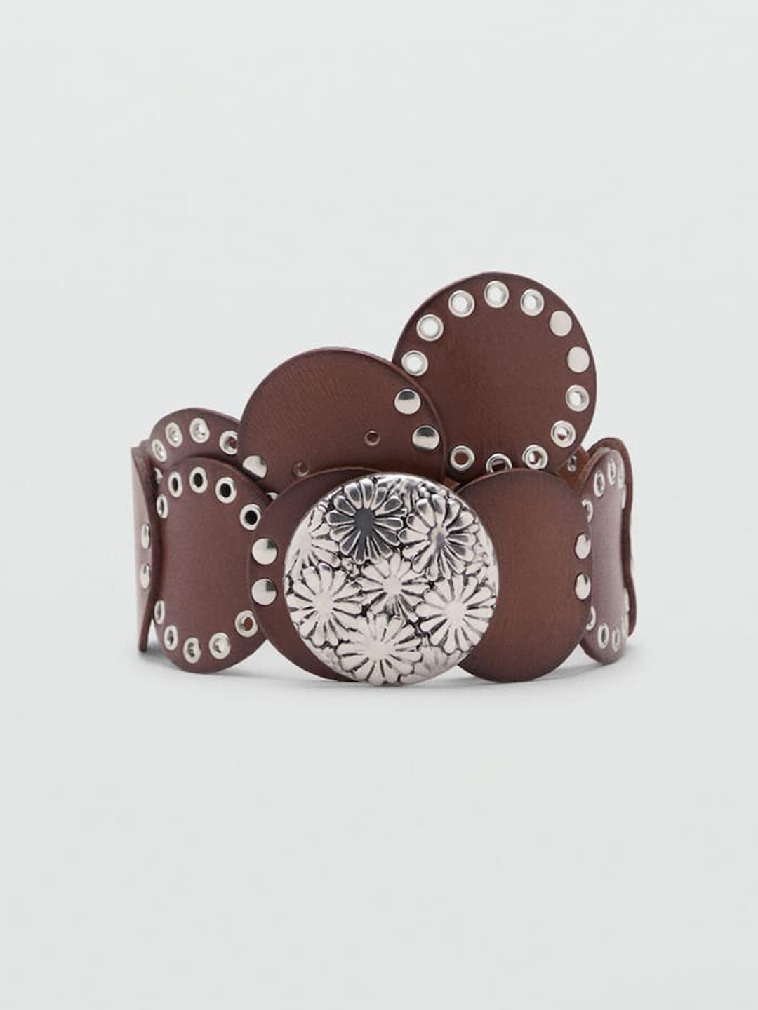 MANGO Women Studded Wide Leather Belt with Metallic Detail