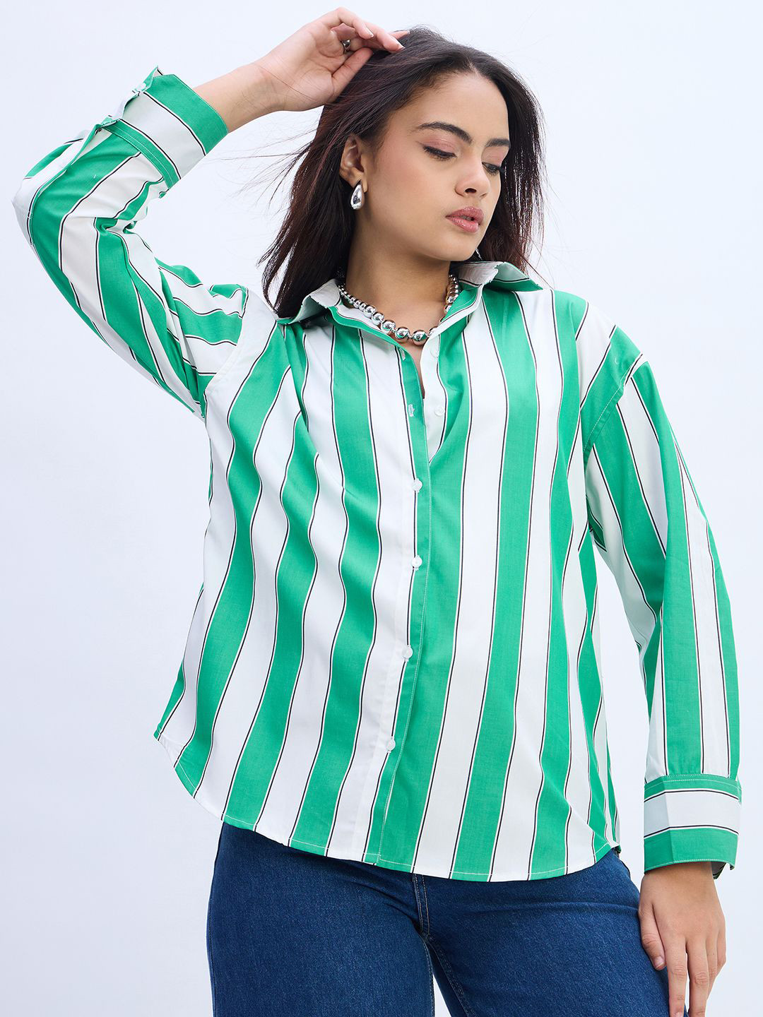 Nun Striped Spread Collar Roll-Up Sleeves Cotton Oversized Casual Shirt